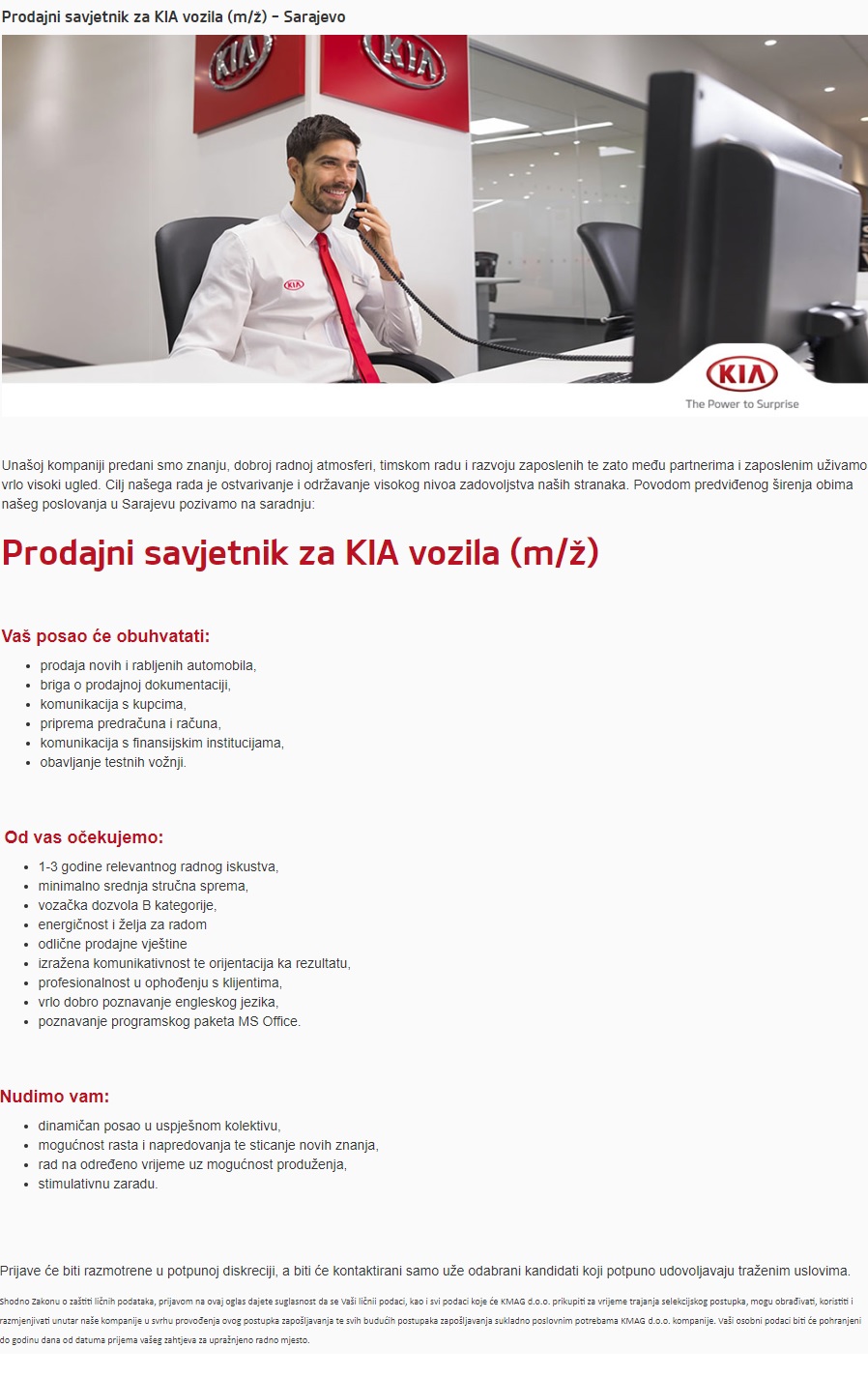 Prodajni savjetnik za KIA vozila (m/ž)