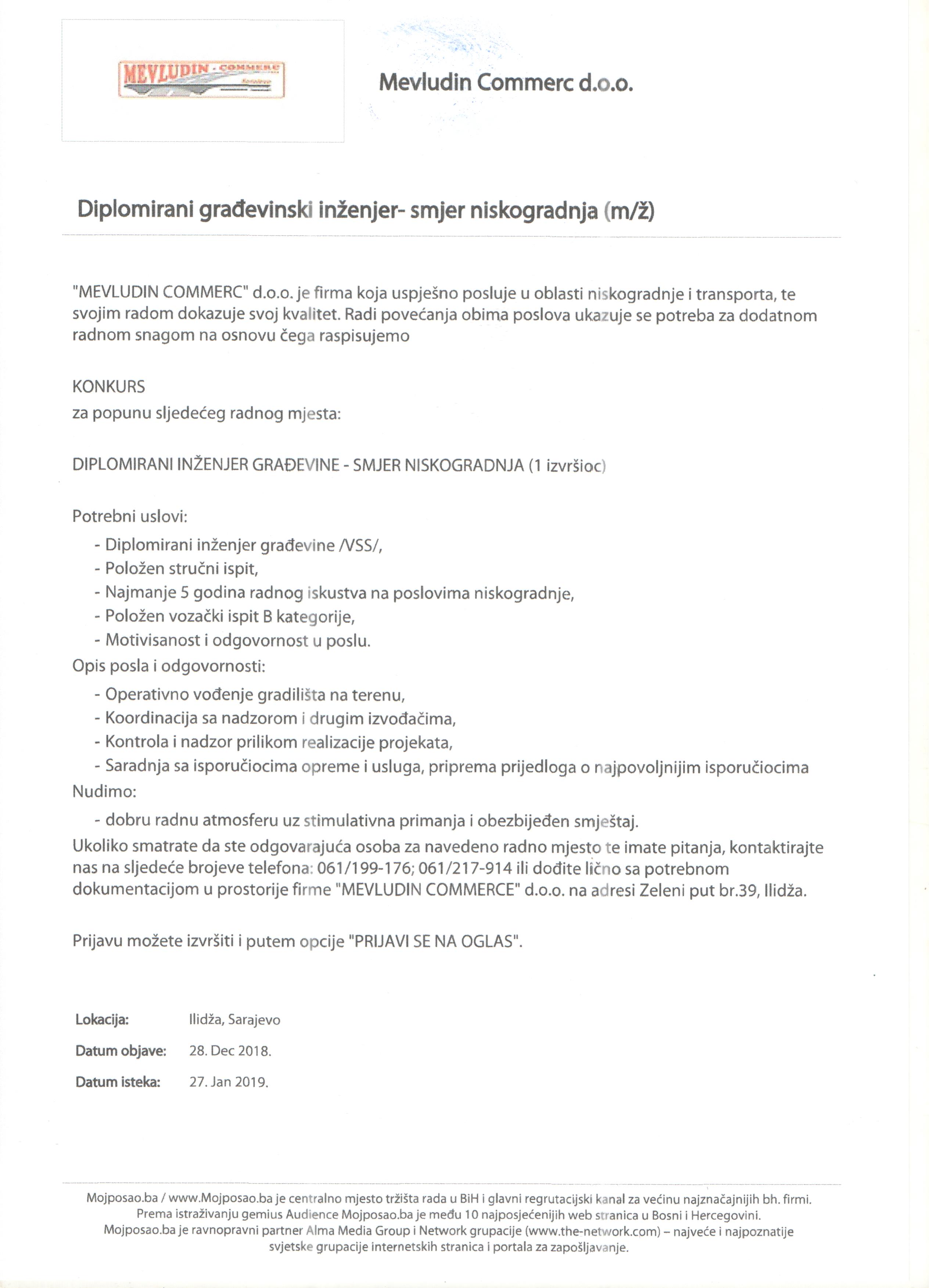 Diplomirani građevinski inženjer - smjer niskogradnja (m/ž)